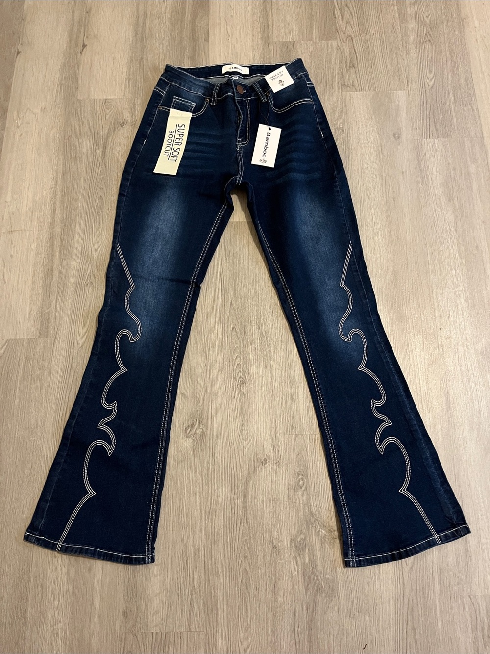 Dark Blue Flare Jeans with Decorative Side Stitching - Women